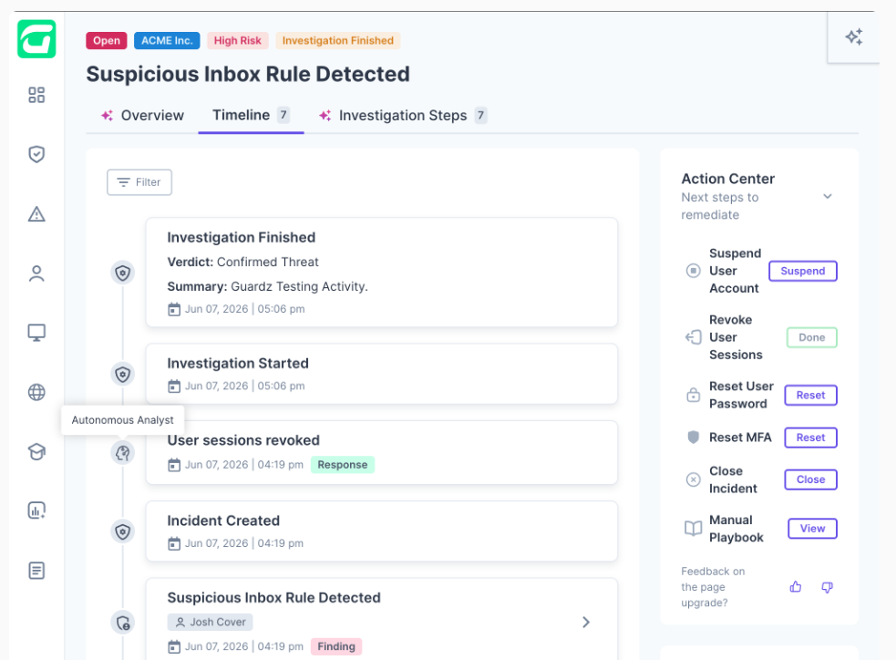 Guardz incident timeline showing attacker activity stages