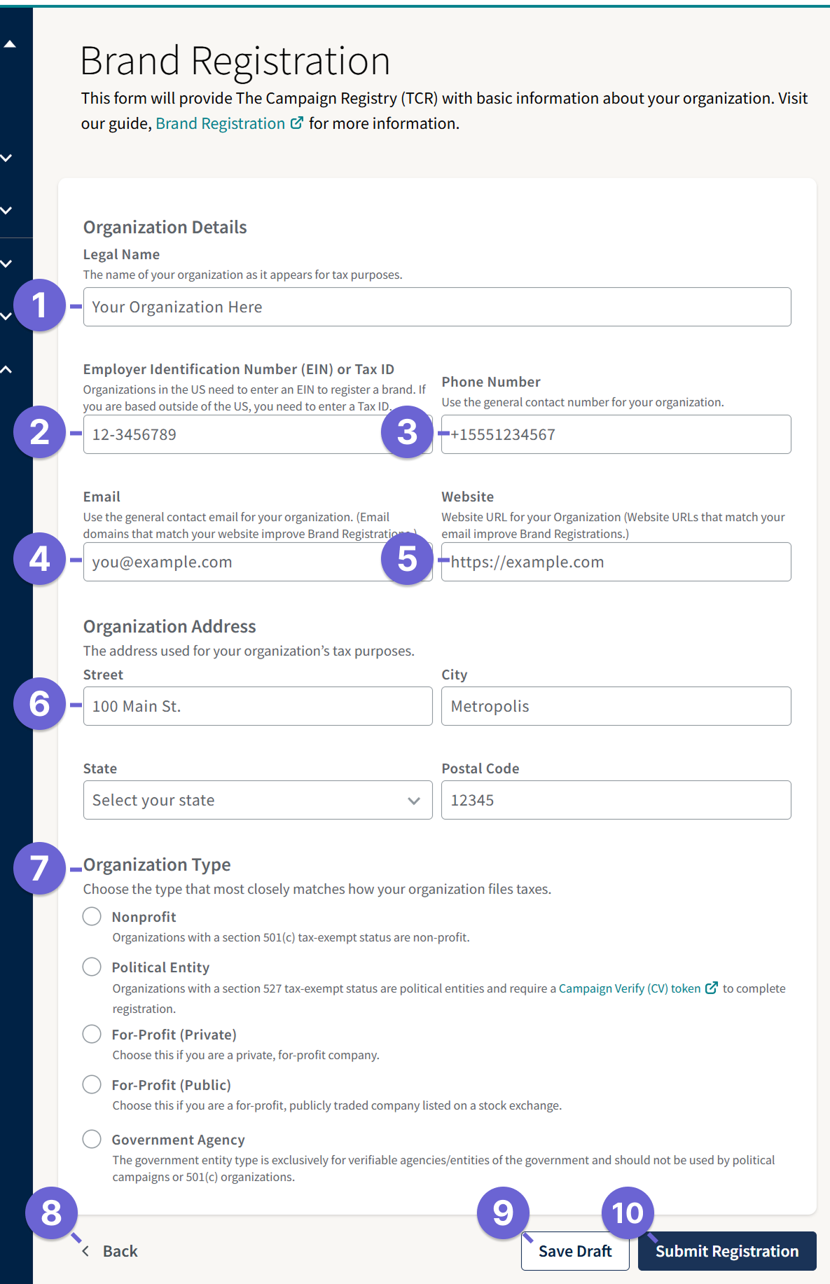 Brand Registration form in ThruText, showing required fields like legal name, EIN, contact details, Organization Type, Industry, and Political Entity fields in the Brand Registration form, including dropdown options.