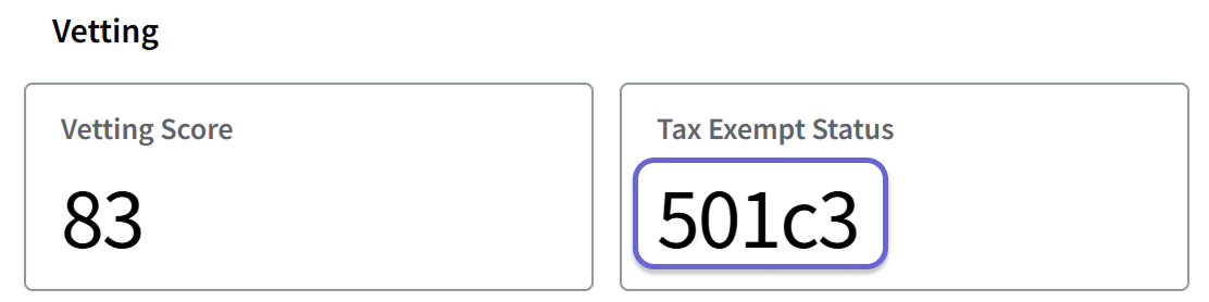 Screenshot of the Brand Information card, with a green rectangle around the center column, "Tax Exempt Status" "501c3".