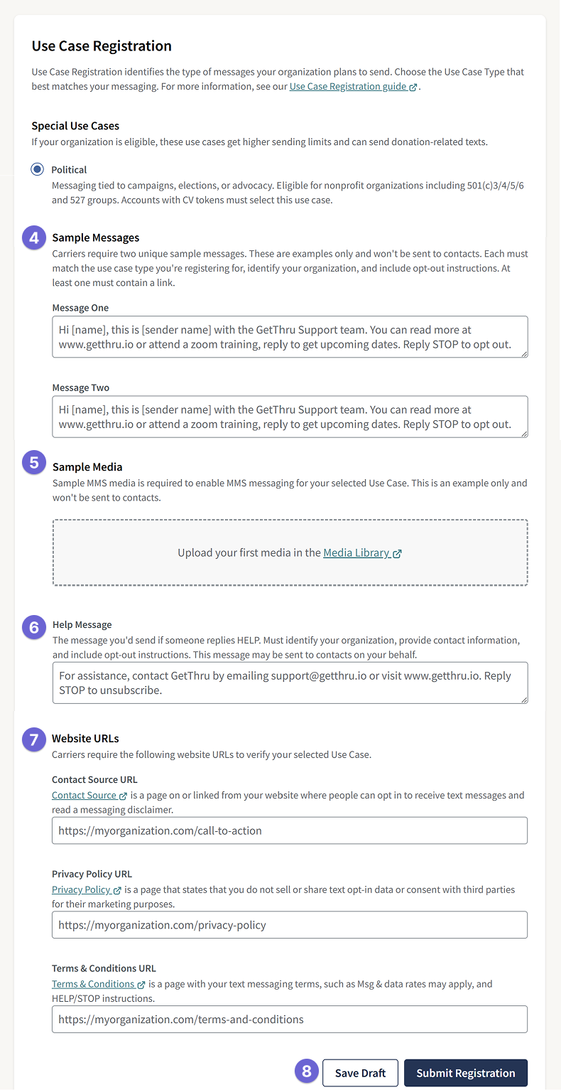 Compliance page to start use case registration