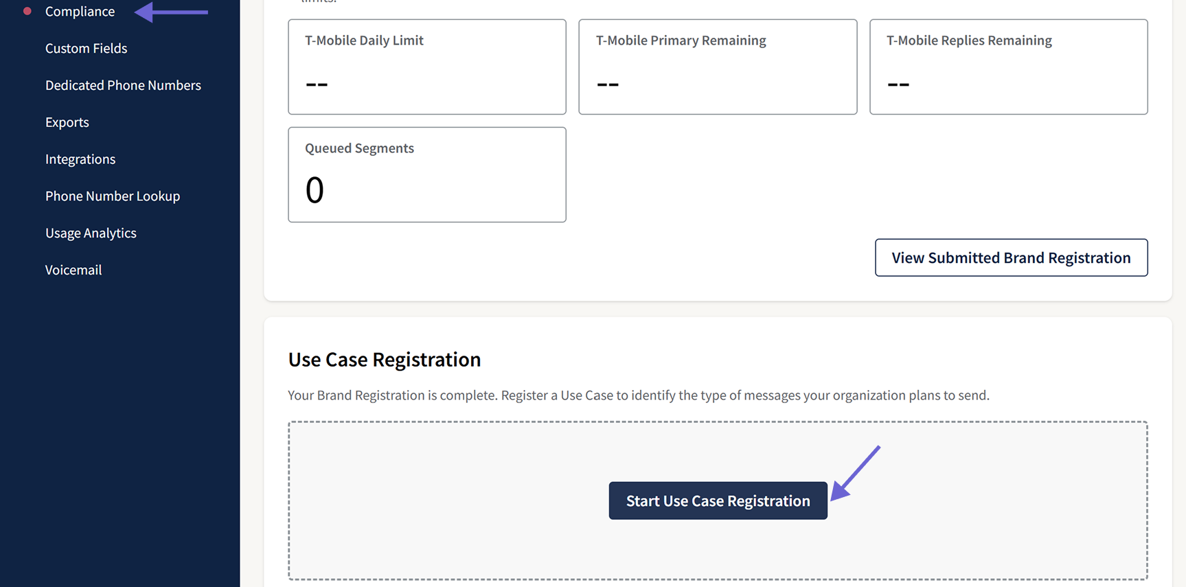 Compliance page with arrows to highlight the start use case registration button where you can upload website URLs