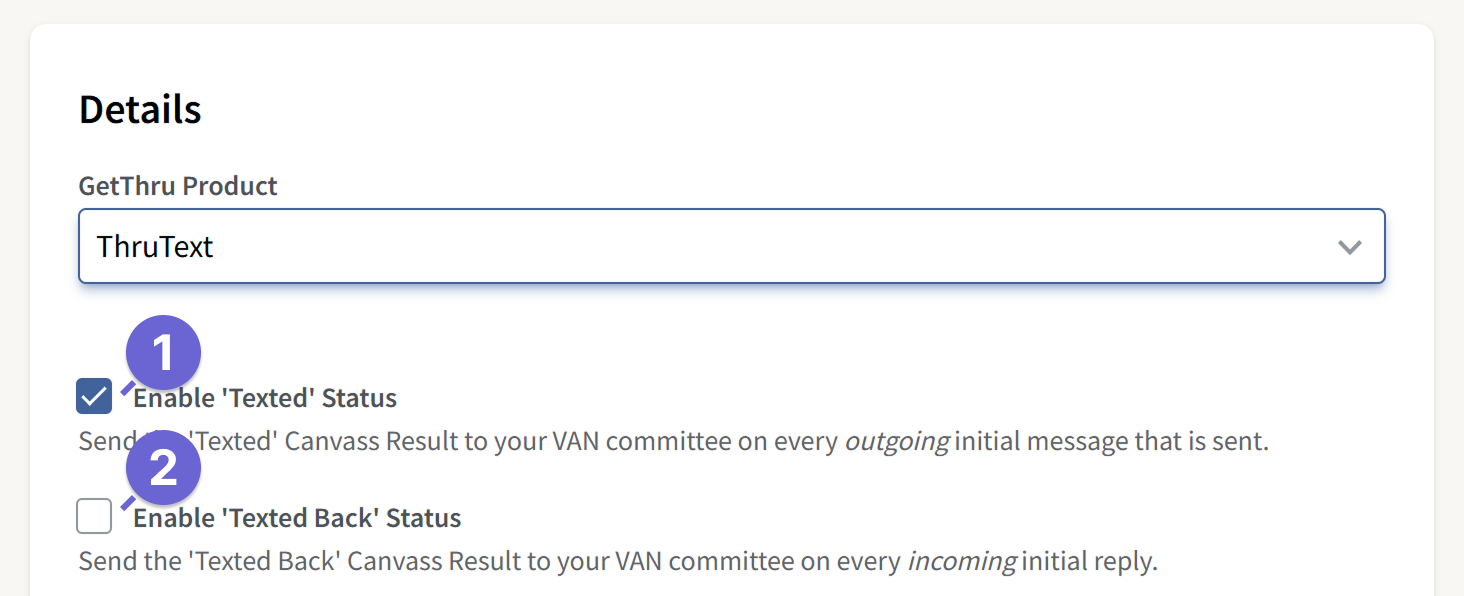VAN syncing Texted status and texted back status checkbox options