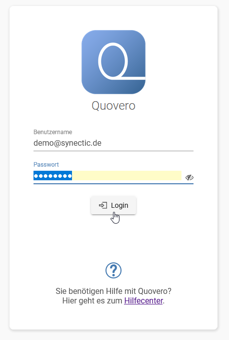Anmeldefenster von Quovero. Zwei Zeilen für Benutzername und Passwort. Der Mauszeiger klickt auf Login. 