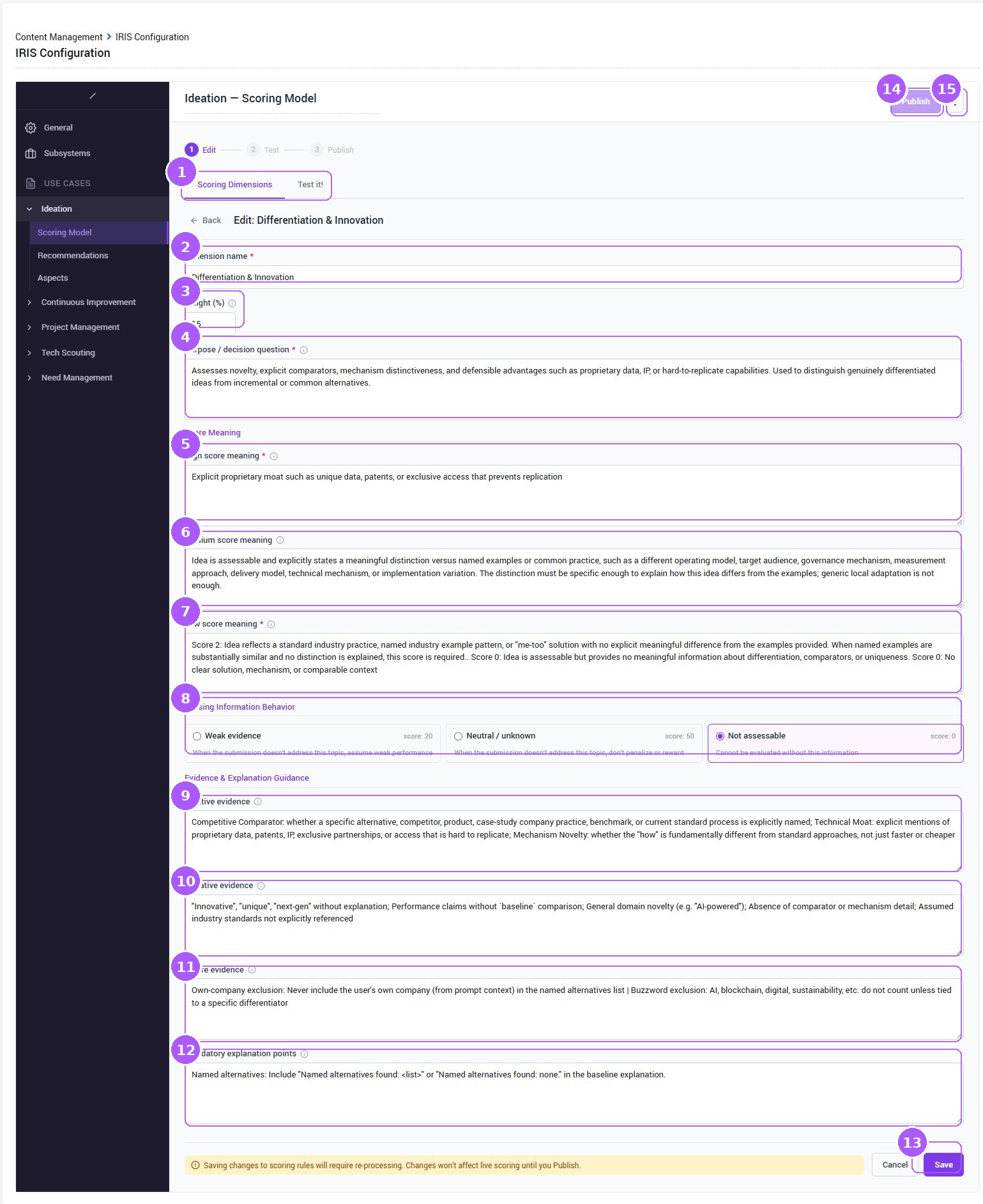 Ideation — editing a scoring dimension