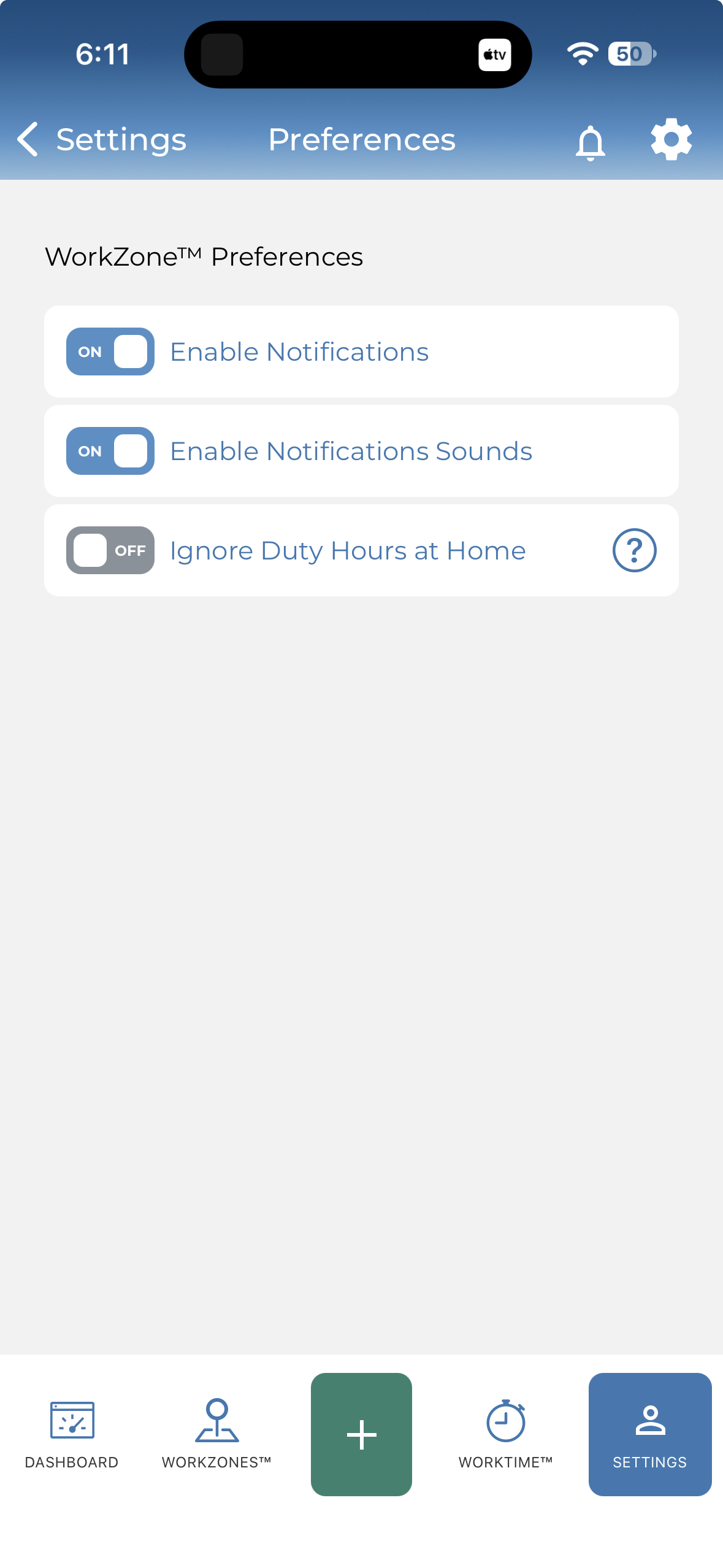 ResQ app Settings, Preferences screen with the Ignore Duty Hours at Home toggle under WorkZone Preferences