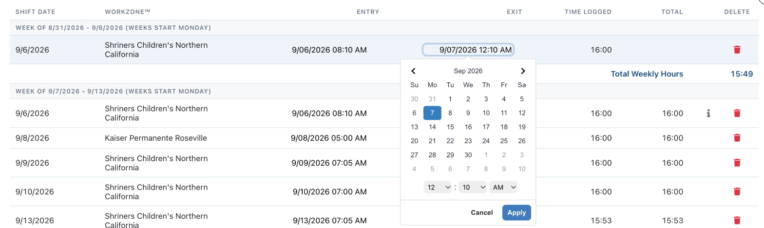 Clicking an exit time opens a calendar with hour, minute and AM/PM dropdowns and an Apply button