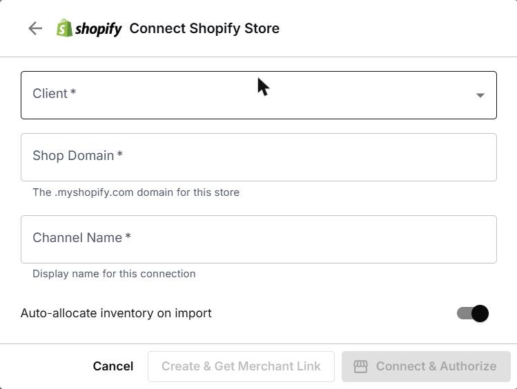 The Connect Shopify Store dialog in CanShip