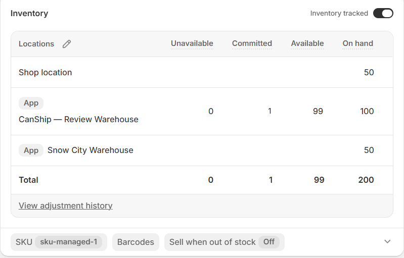 A product's Inventory card in Shopify with the CanShip location showing Available stock