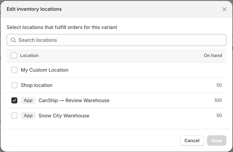 Shopify's Edit inventory locations dialog with the CanShip location ticked