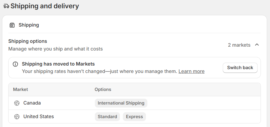 Shopify's Shipping card reading Shipping has moved to Markets