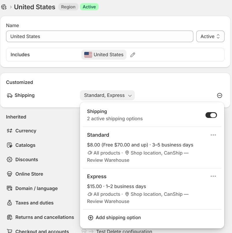 A market's Shipping dropdown listing its shipping options and their locations