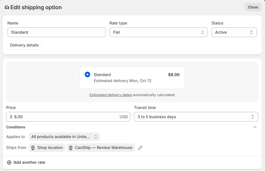 The Edit shipping option panel with Ships from under Conditions