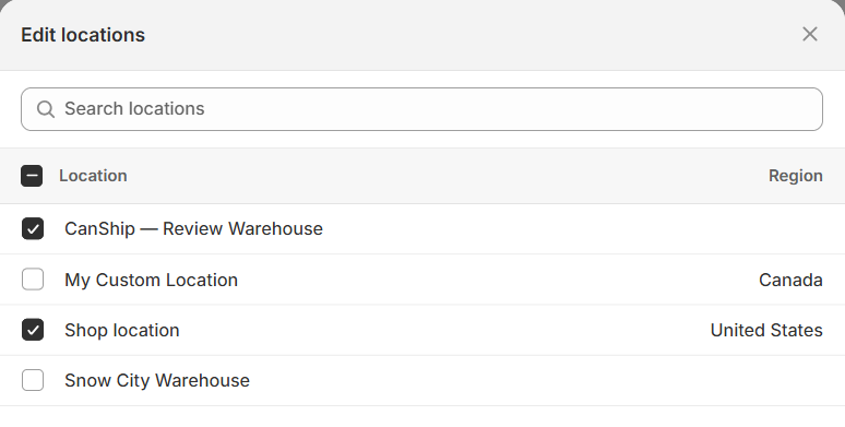 The Edit locations list with the CanShip location ticked