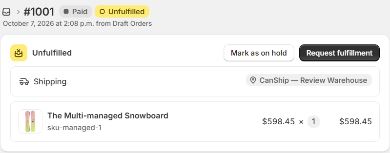 A Shopify order assigned to the CanShip location