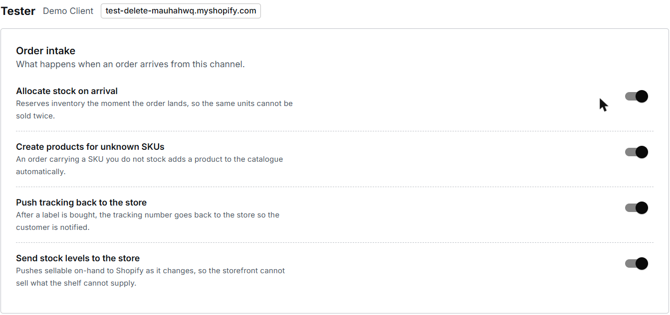 The Order intake switches on the store's Settings page in CanShip