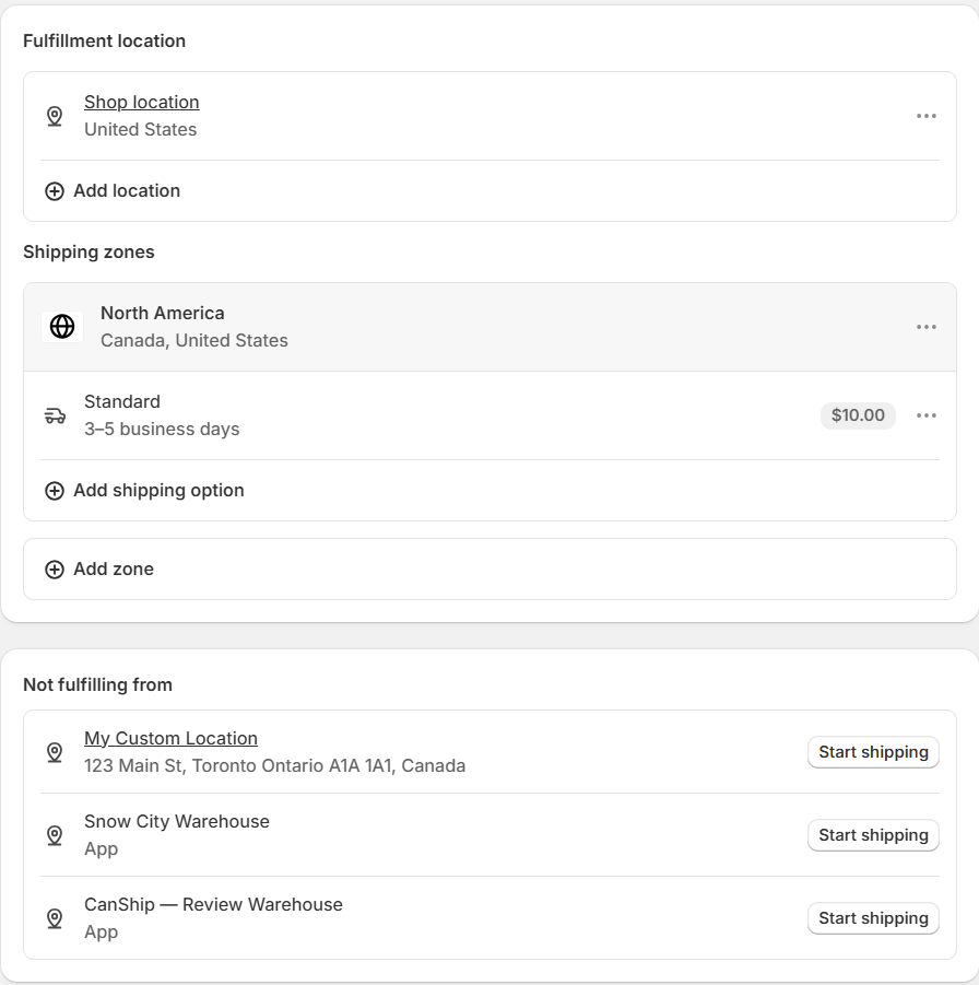 Shopify's General profile with Start shipping beside the CanShip location