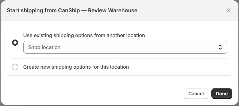 Shopify's Start shipping dialog