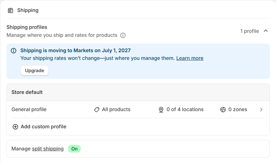 Shopify's Shipping card showing Shipping profiles and the General profile