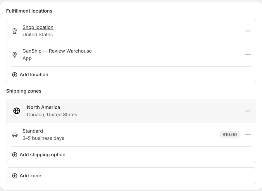 The General profile with the CanShip location under Fulfillment locations