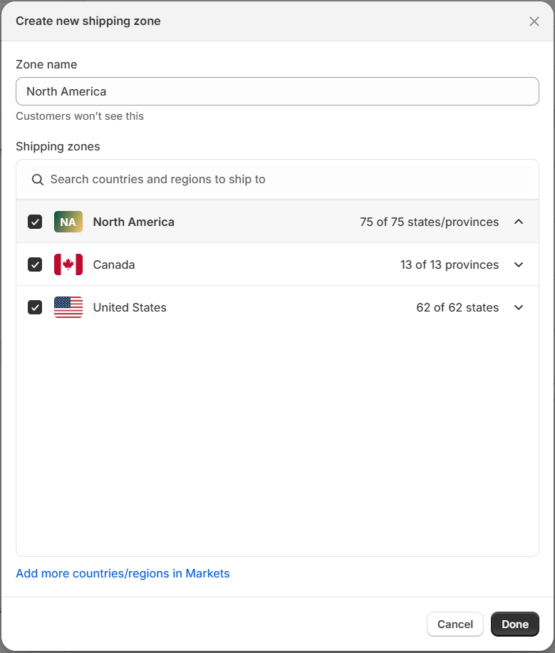 Shopify's Create new shipping zone dialog