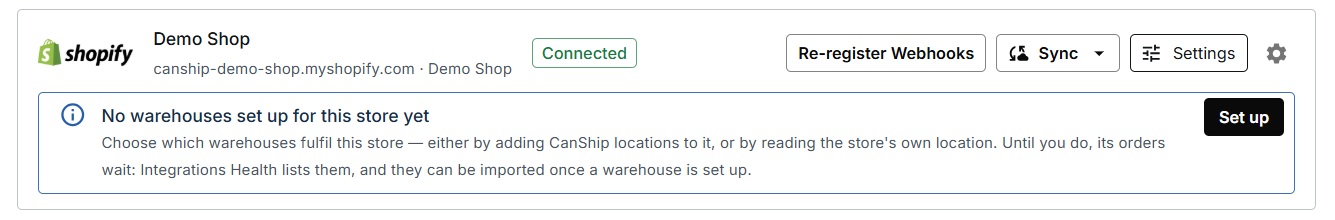 A store card in CanShip reading No warehouses set up for this store yet