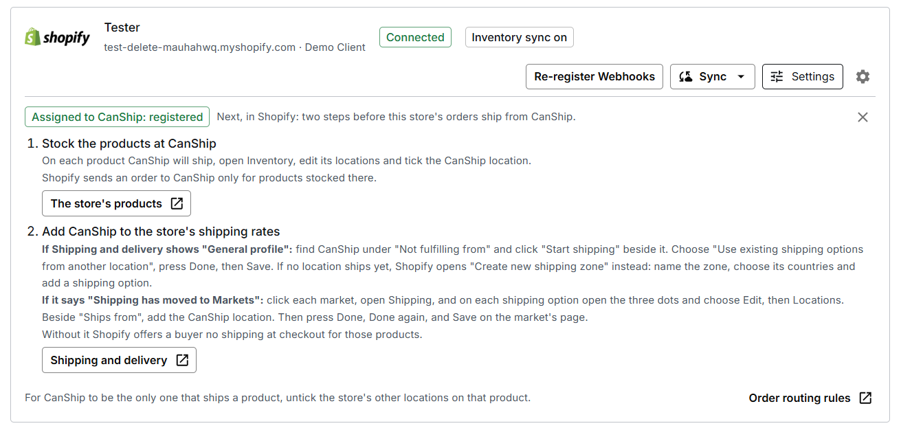 The store card in CanShip listing the two Shopify steps