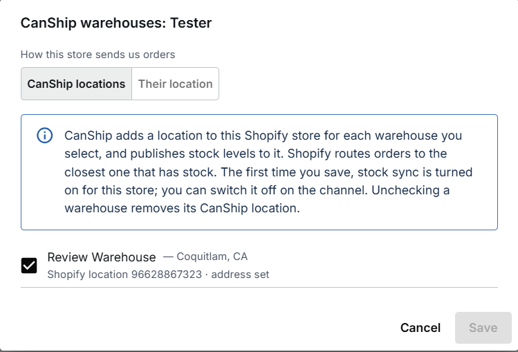 The CanShip warehouses dialog with one warehouse ticked