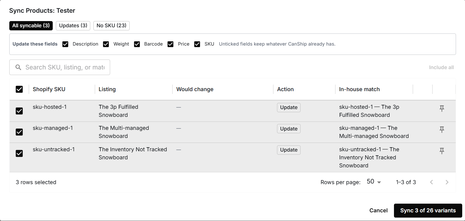 The Sync Products preview in CanShip