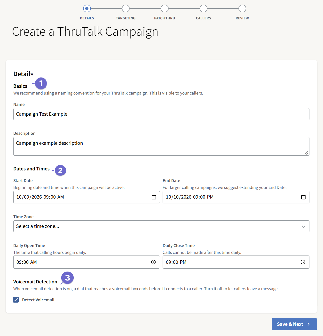 Screenshot of the Details page of ThruTalk campaign creation. A blue bubble is shown above the "Details" label at the top of the page.