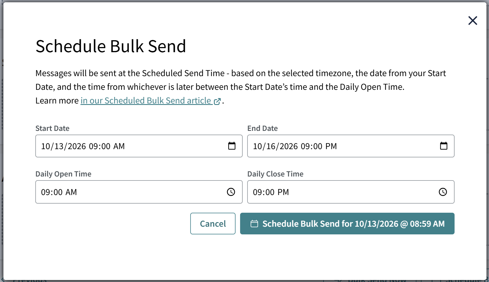 Campaign interface in Bulk Send Scheduled status showing scheduled date and an option to cancel, indicating the campaign is queued for future message sending.