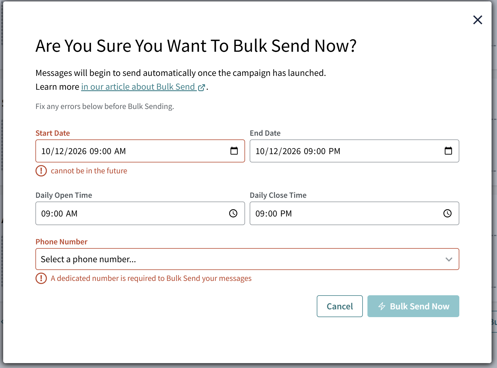 Confirmation modal for Bulk Send displaying required campaign settings such as date, time, and phone number, with error messages indicating missing or incorrect inputs.