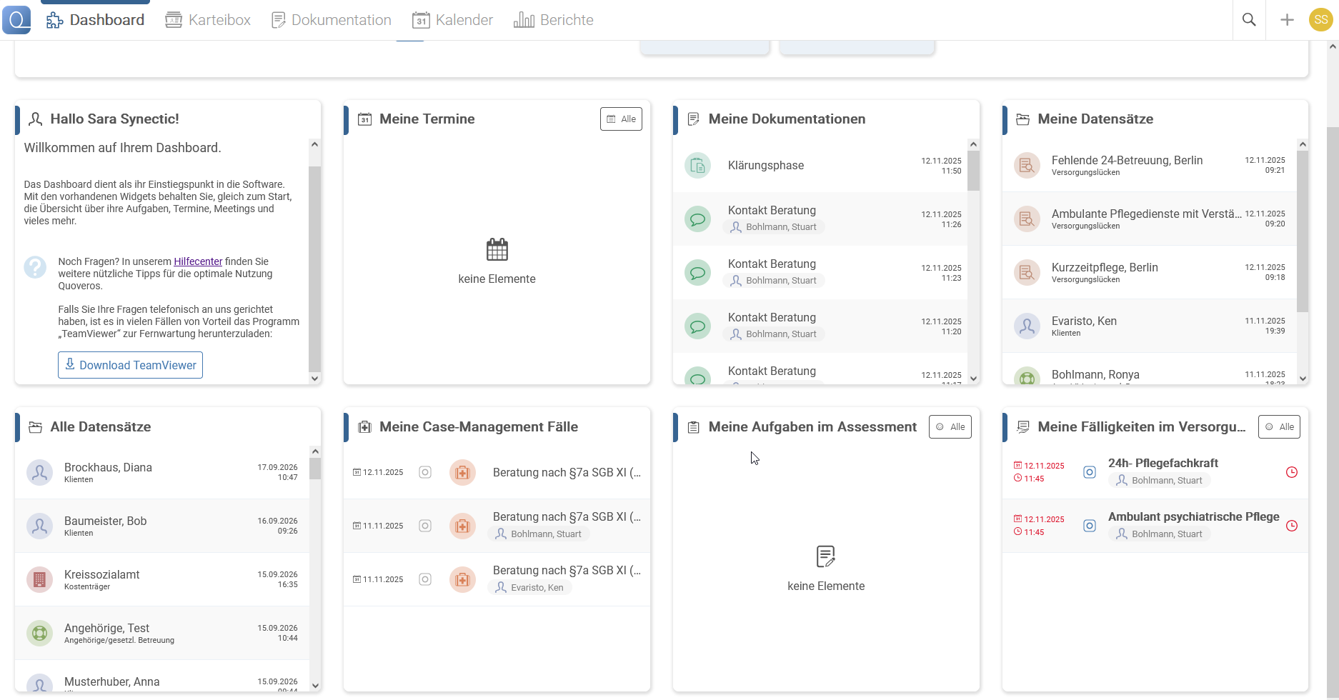 Dashboard von Quovero. Die Widgets Willkommen, Meine Termine, Meine Datensätze, Alle Datensätze, Meine Case-Management-Fälle, Meine Aufgaben im Assessment und Meine Fälligkeiten im Versorgungsplan sind zu sehen.