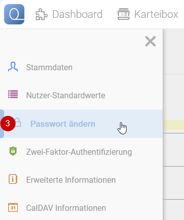 Geöffnete Karteireiter in Quovero. Mauszeiger zeigt auf Passwort ändern Reiter