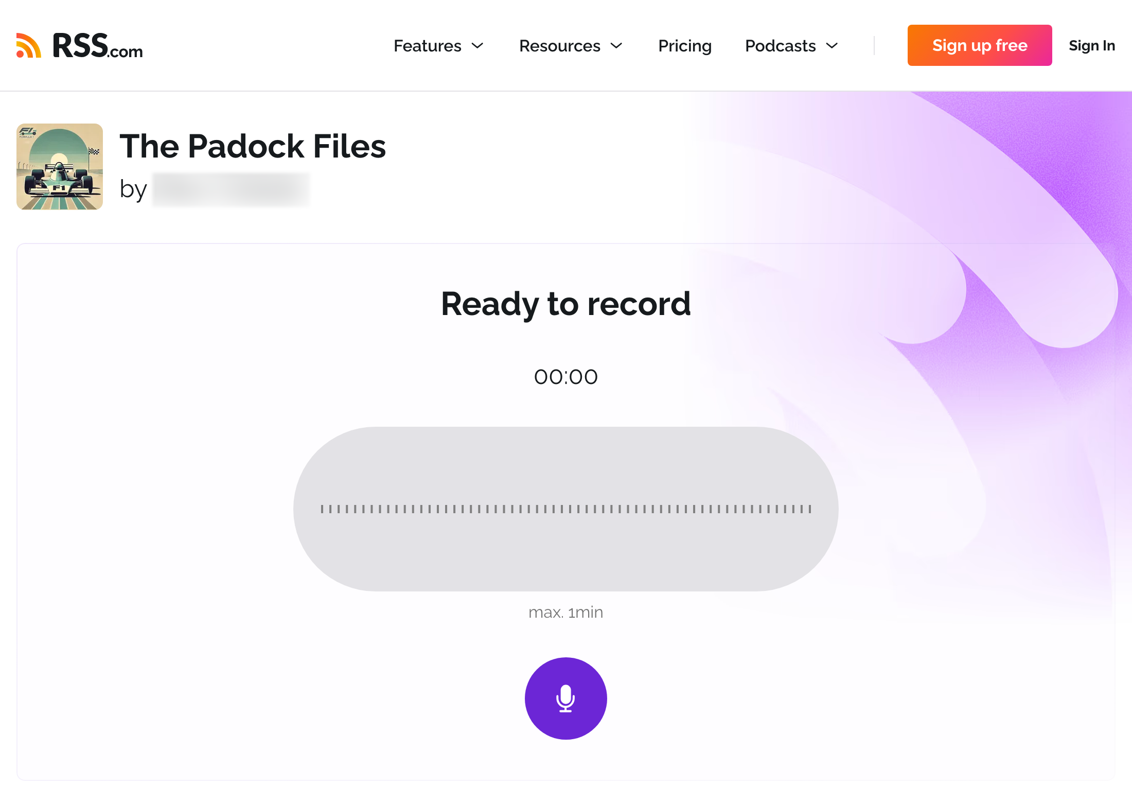 Public RSS.com Voicemail page in the Ready to record state, with a microphone button and a one-minute limit