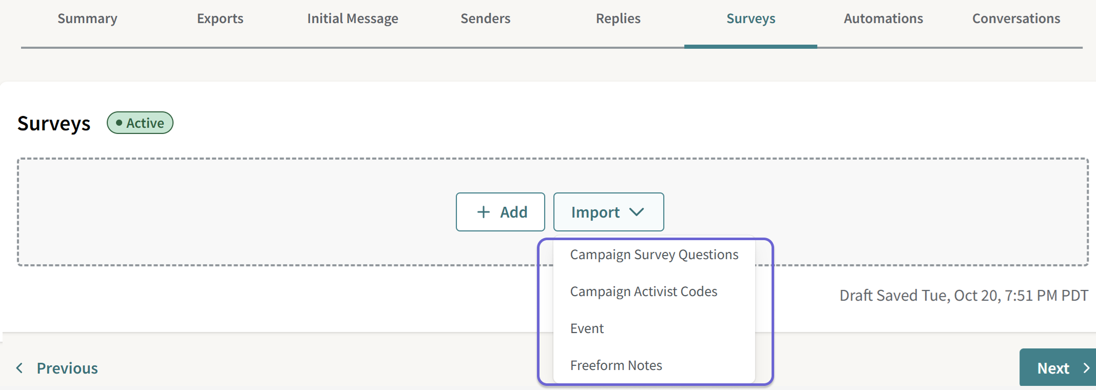 Screenshot of the VAN Question Types for MyCampaign