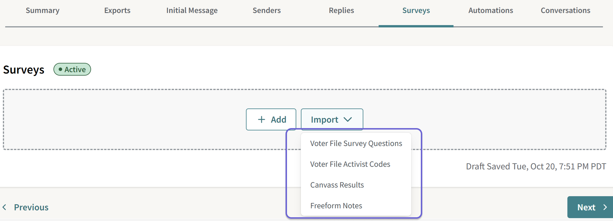 Screenshot of the VAN Question Types for MyVoters