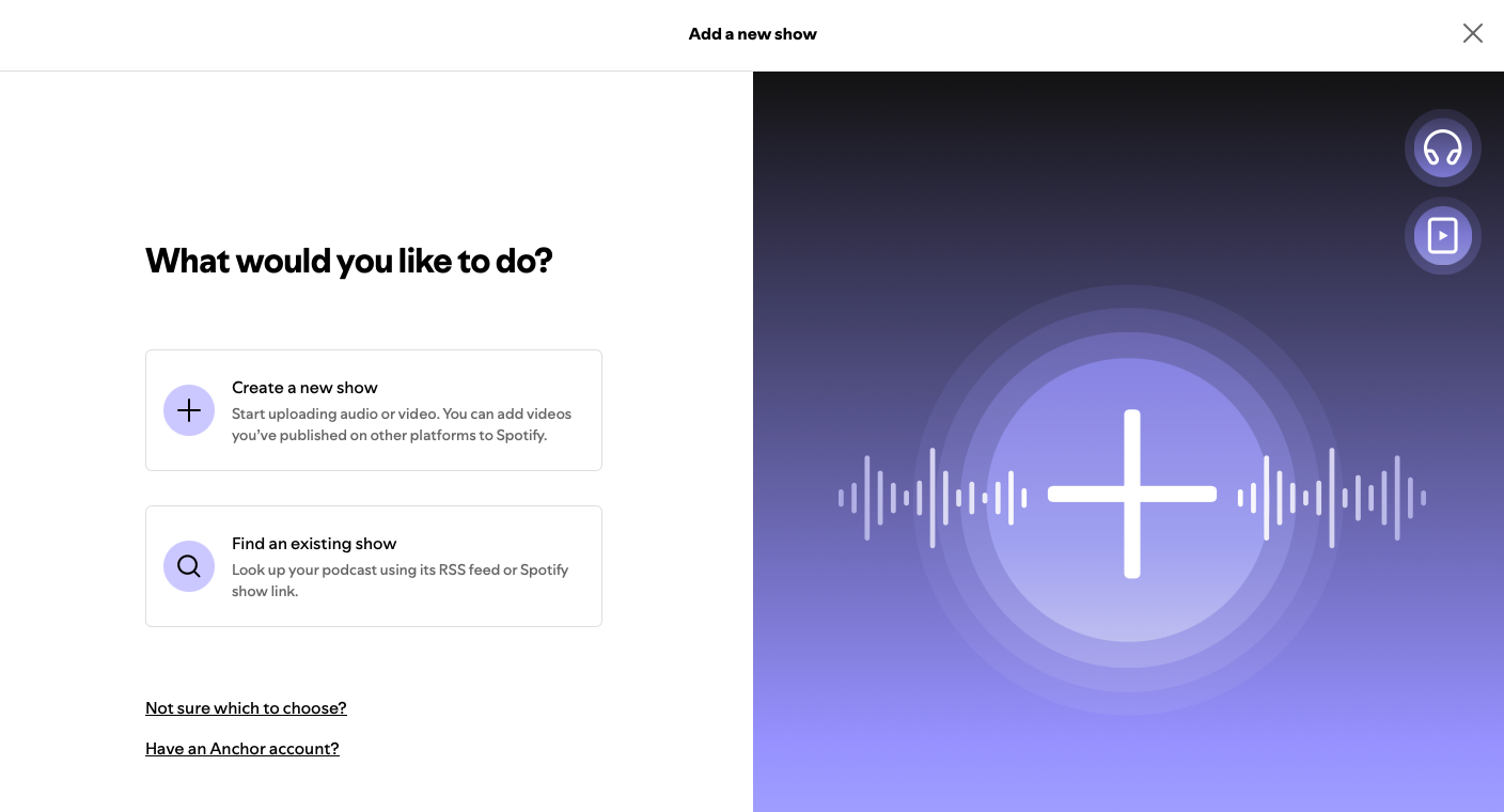 Spotify for Creators Add a new show screen with the Find an existing show option