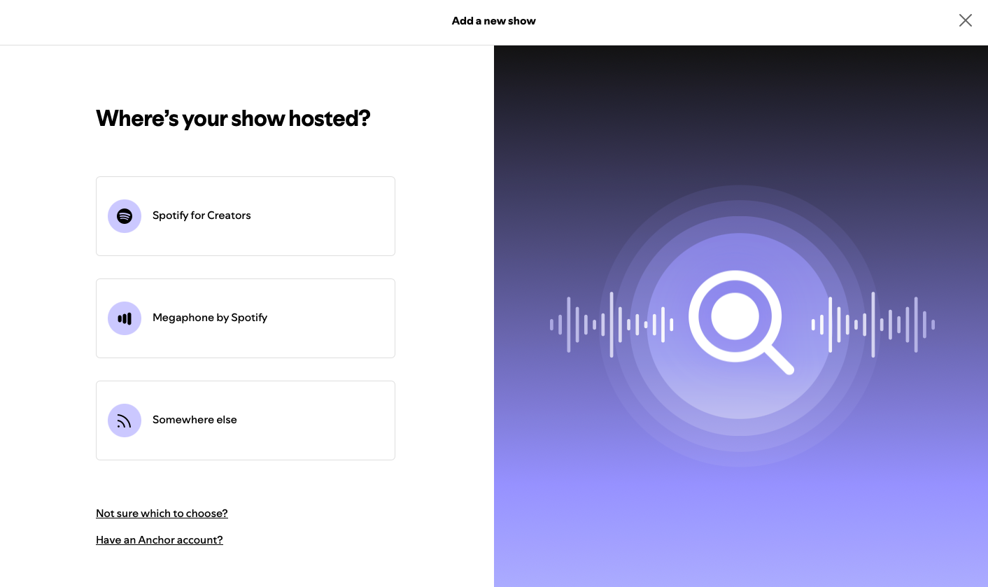 Where's your show hosted? screen in Spotify for Creators with the Somewhere else option