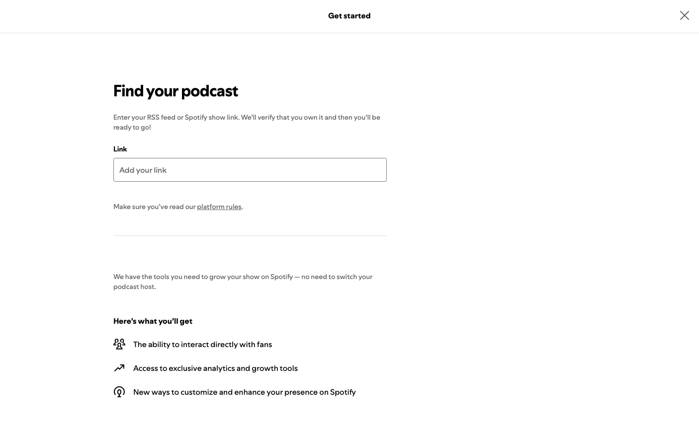 Find your podcast screen in Spotify for Creators with the Link field for the RSS feed URL