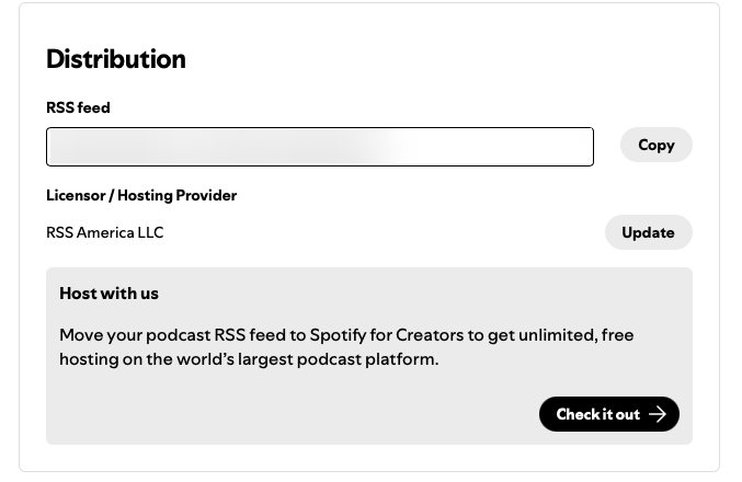 Distribution box in Spotify for Creators Settings with Licensor / Hosting Provider and the Update button