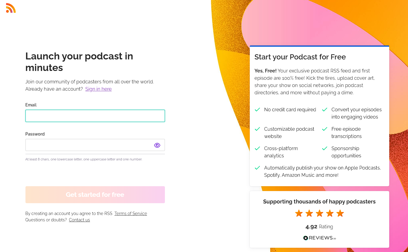 RSS.com sign-up page with email and password fields and the Get started for free button