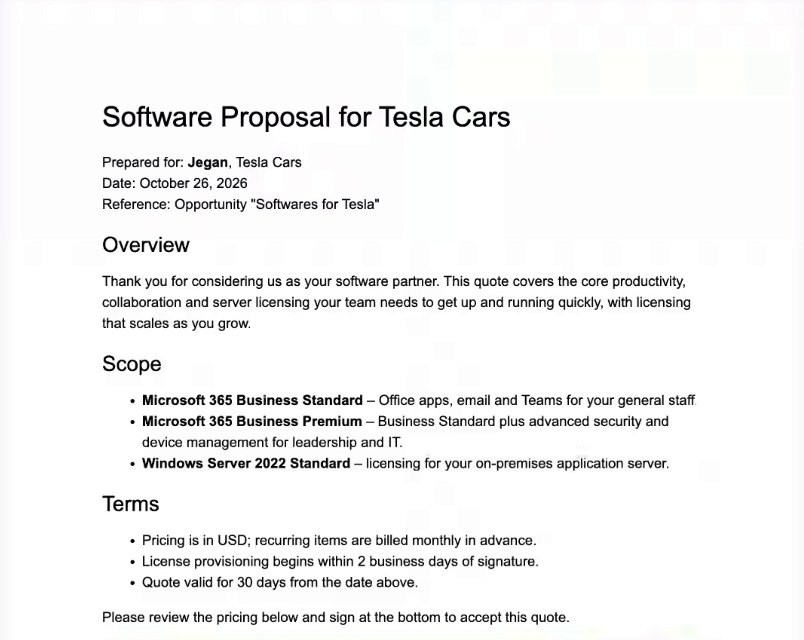 AI Draft preview of the generated software proposal