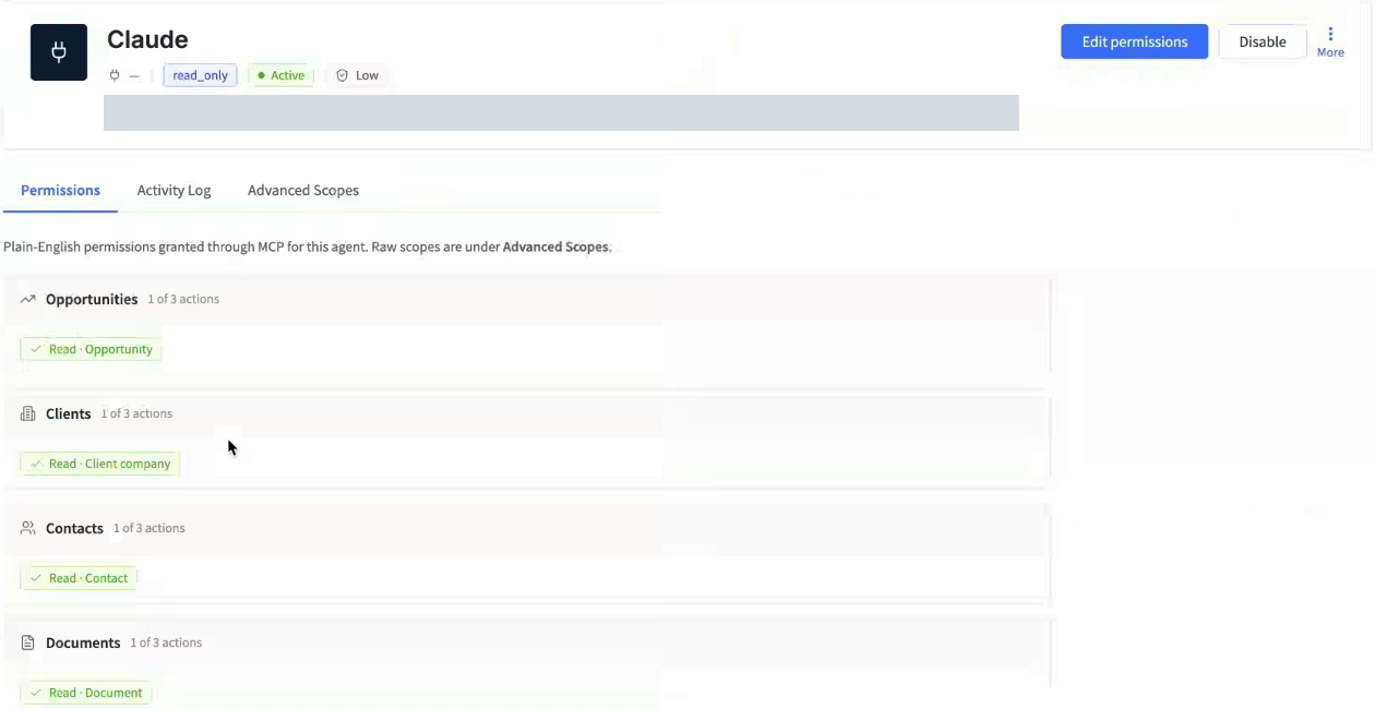 The agent detail page shows permissions grouped by module