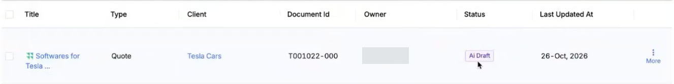Documents list showing the newly generated quote in AI Draft status