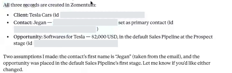 Confirmation of the created client contact and opportunity