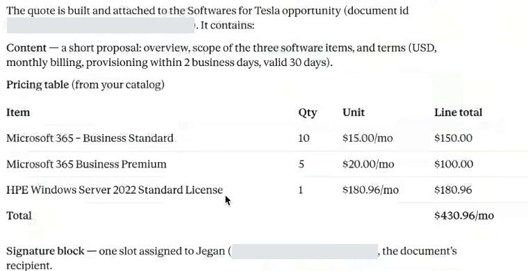 Generated proposal summary pricing and recipient assignment