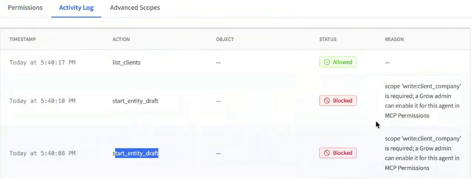 Agent Activity Log with Allowed and Blocked requests