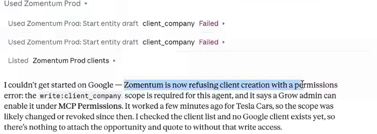 Client creation blocked by a missing permission