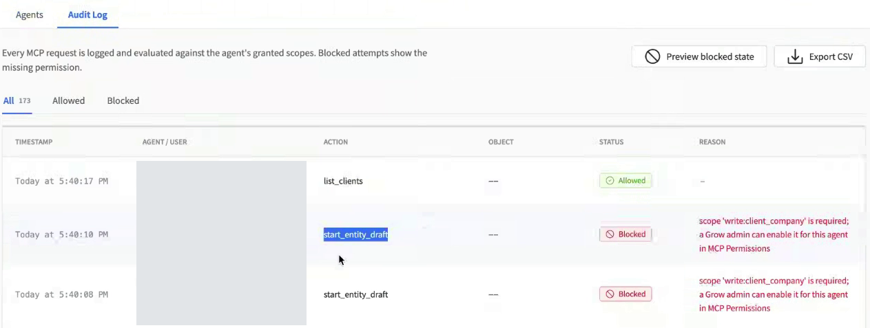 Account Audit Log with filters request outcomes and permission reasons