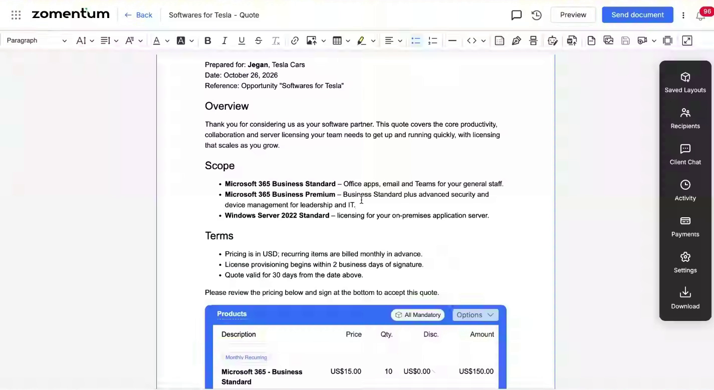Quote opened in the Zomentum document editor